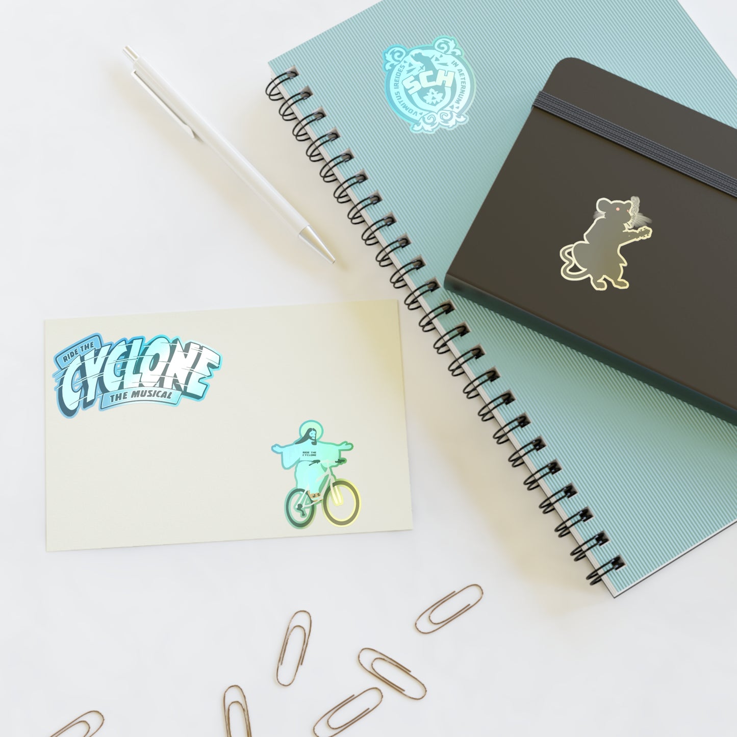Sticker Sheets - Ride the Cyclone Logo, Virgil the Rat, Saint Cassian Logo, Jesus on a Bike Stickers