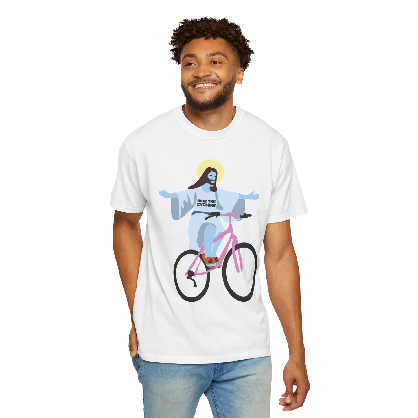 RIDE THE CYCLONE, JESUS ON A BIKE, Unisex Garment-Dyed T-shirt