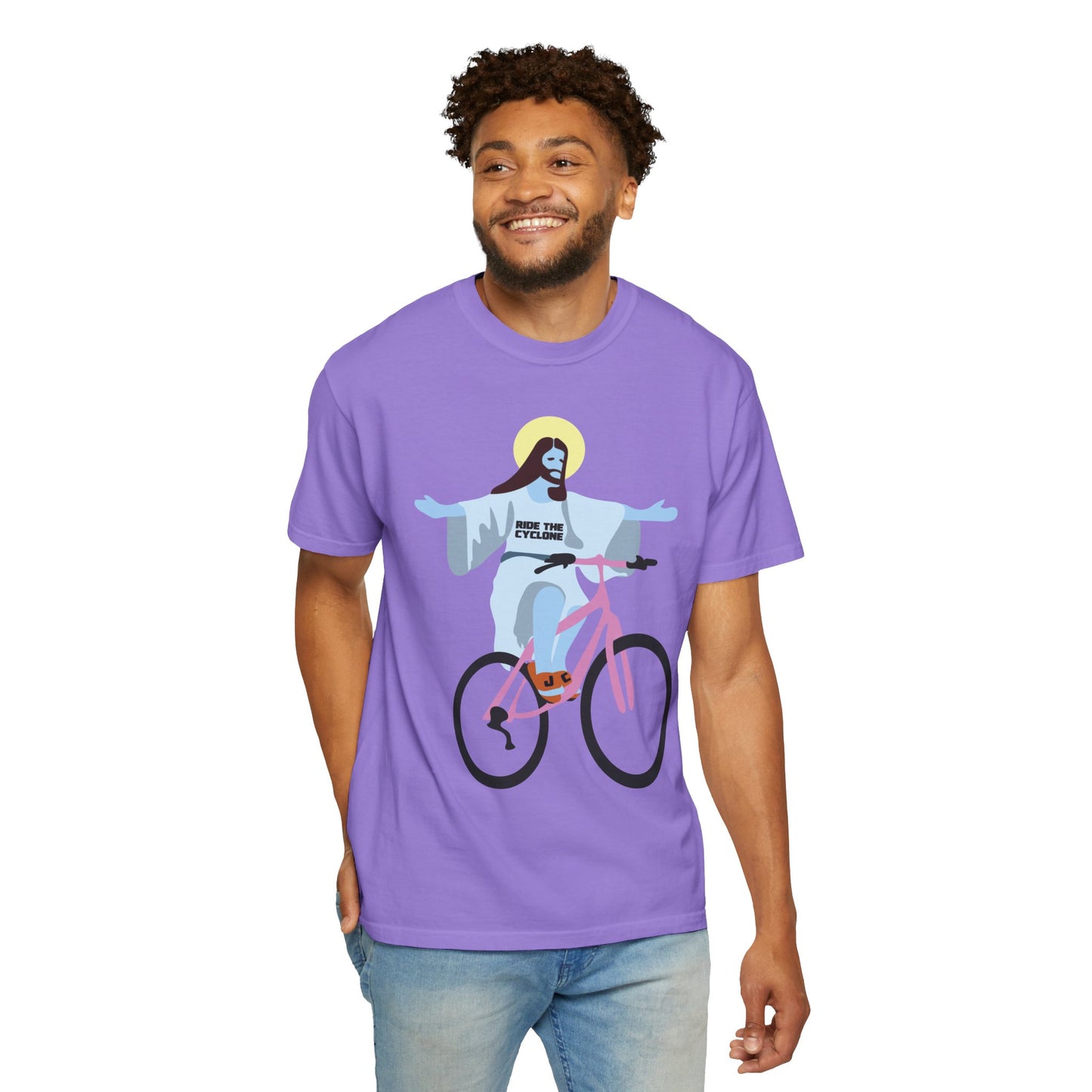 RIDE THE CYCLONE, JESUS ON A BIKE, Unisex Garment-Dyed T-shirt