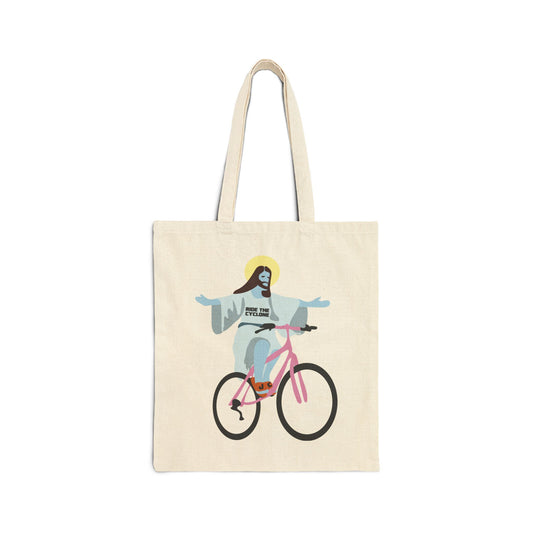 RIDE THE CYCLONE, JESUS ON A BIKE, Cotton Canvas Tote Bag