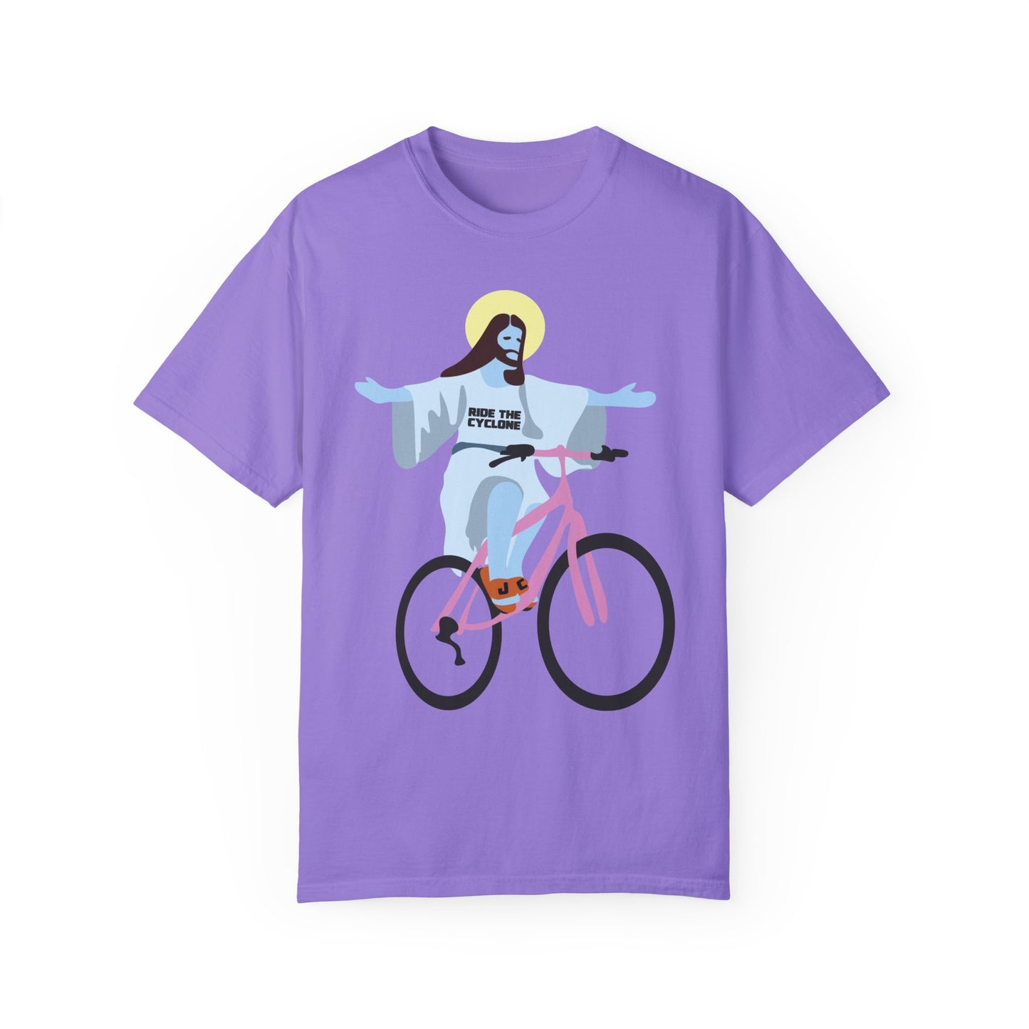 RIDE THE CYCLONE, JESUS ON A BIKE, Unisex Garment-Dyed T-shirt