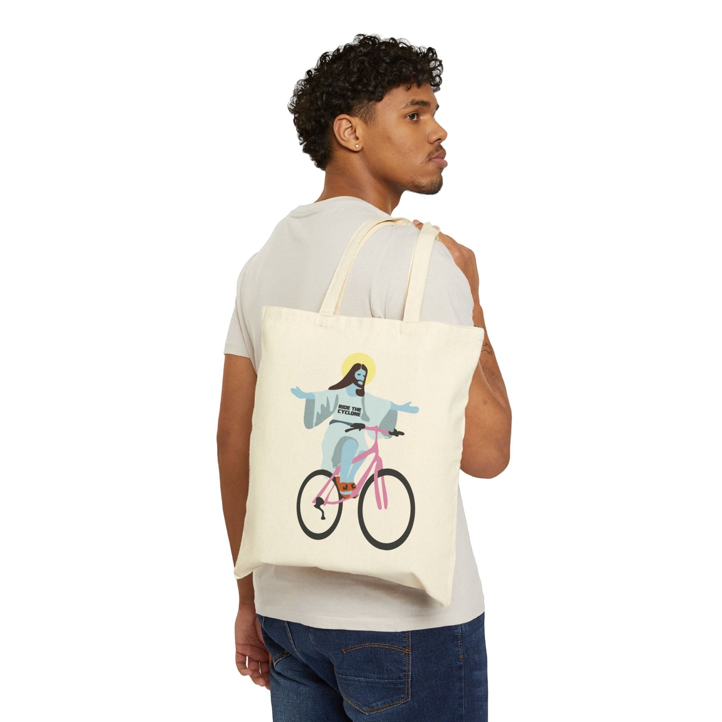 RIDE THE CYCLONE, JESUS ON A BIKE, Cotton Canvas Tote Bag